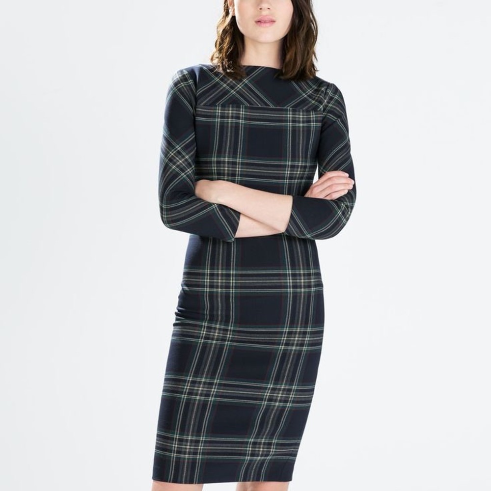 Zara plaid midi dress wiggle fitted pencil sheath boat neck work check S